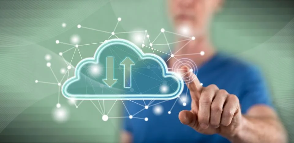 Man touching a cloud networking concept 库存照片