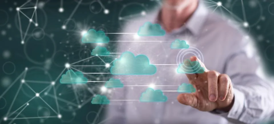 Man touching a cloud networking concept Stock Photos