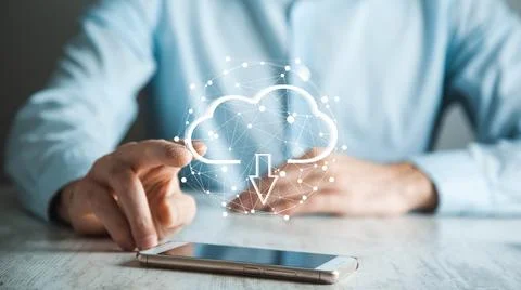 Man touching a cloud networking hand phone Stock Photos