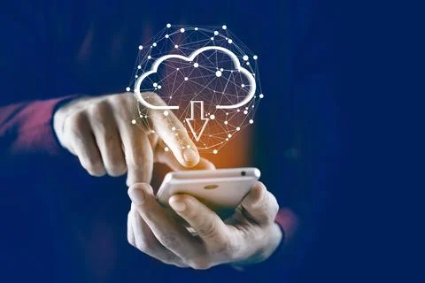 Man touching a cloud networking hand phone Stock Photos
