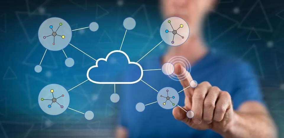 Man touching a cloud networking Stock Photos