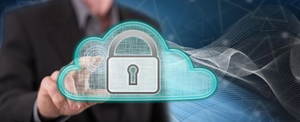 Man touching a cloud security concept Stock Photos