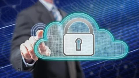 Man touching a cloud security concept Stock Photos