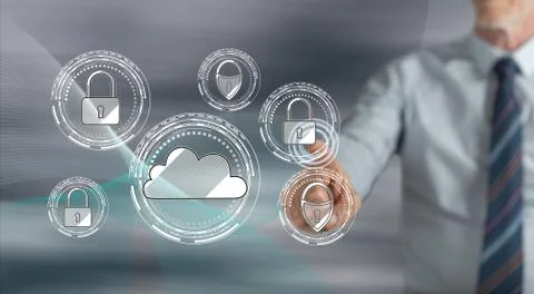Man touching a cloud security concept 스톡 사진
