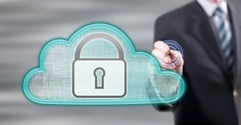 Man touching a cloud security concept Stock Photos