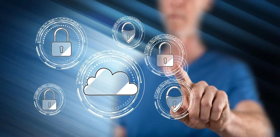 Man touching a cloud security concept Stock Photos