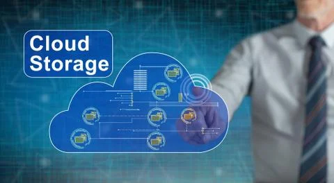 Man touching a cloud storage concept Stockfoto's