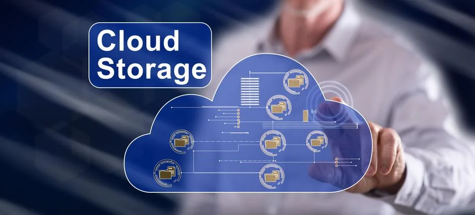 Man touching a cloud storage concept Stock Photos