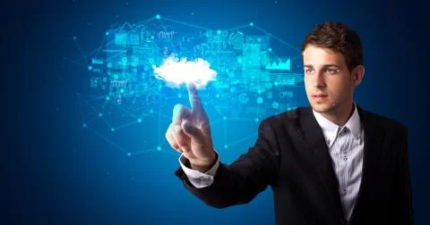 Man touching cloud system hologram Stock Photos