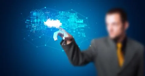 Man touching cloud system hologram Stock Photos