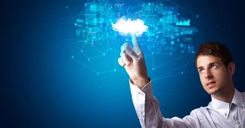 Man touching cloud system hologram Stock Photos