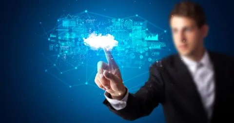 Man touching cloud system hologram Stock Photos