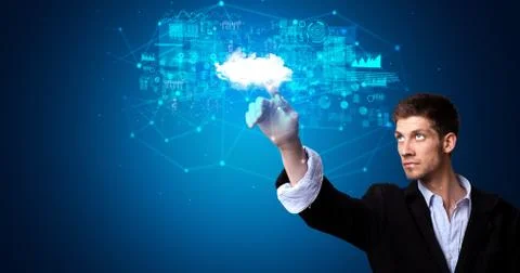 Man touching cloud system hologram Stock Photos