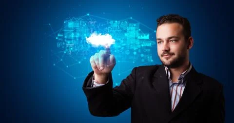 Man touching cloud system hologram Stock Photos