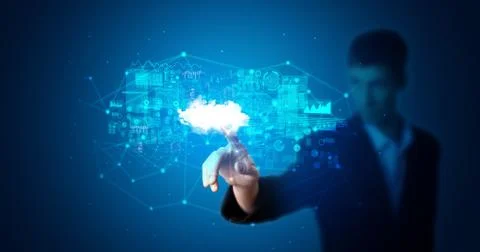 Man touching cloud system hologram Stock Photos
