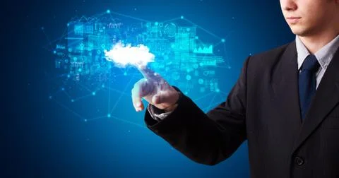 Man touching cloud system hologram Stock Photos