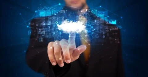 Man touching cloud system hologram Stock Photos