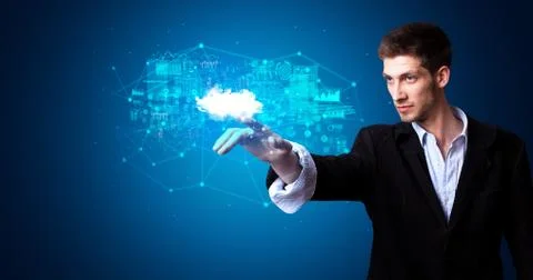 Man touching cloud system hologram Stock Photos