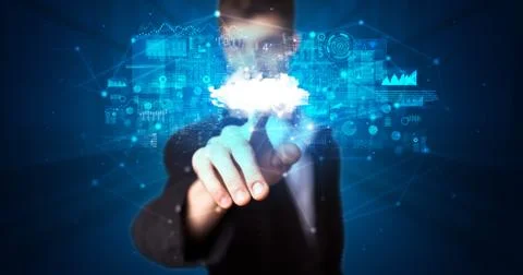 Man touching cloud system hologram Stock Photos
