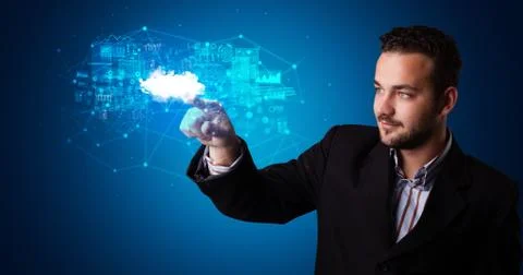 Man touching cloud system hologram Stock Photos