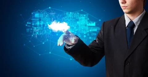 Man touching cloud system hologram Stock Photos
