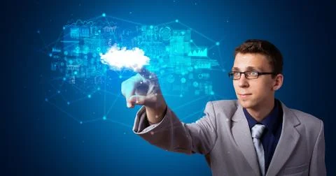 Man touching cloud system hologram Stock Photos