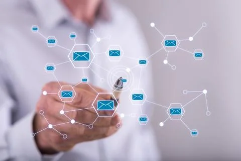 Man touching a communication network on a touch screen Stock-Fotos