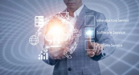 Man touching connect to data information on the Cloud Computing Technology In Foto stock