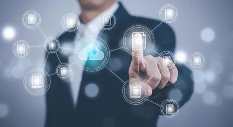 Man touching connect to data information on the Cloud Computing Technology In Foto stock