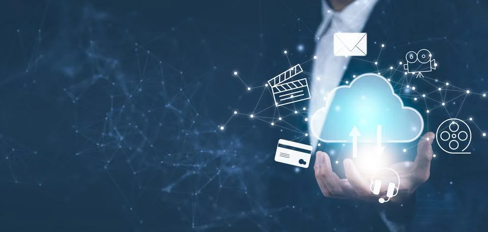 Man touching connect to data information on the Cloud Computing Technology In Stockfoto's