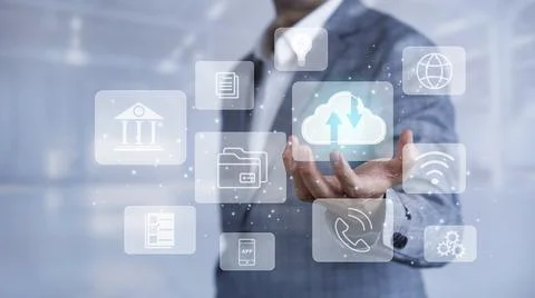 Man touching connect to data information on the Cloud Computing Technology In Stock Photos