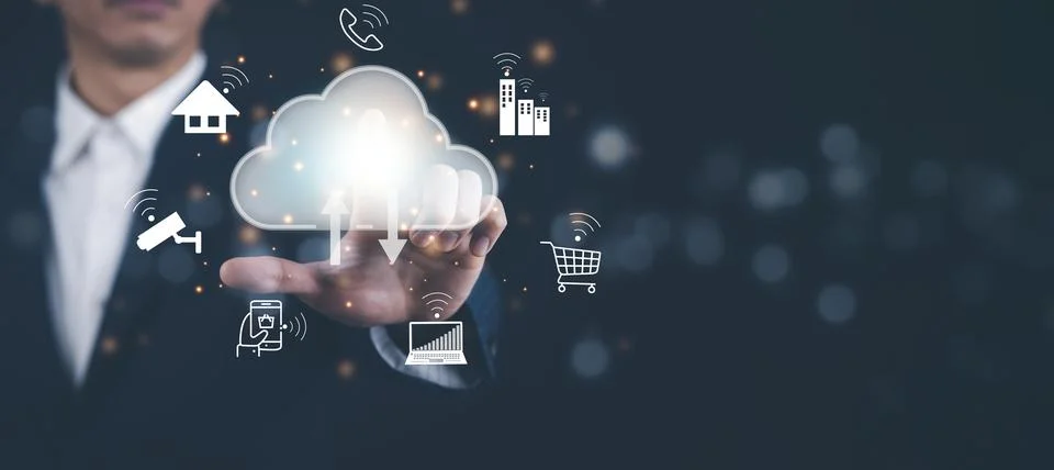 Man touching connect to data information on the Cloud Computing Technology In Stock Photos