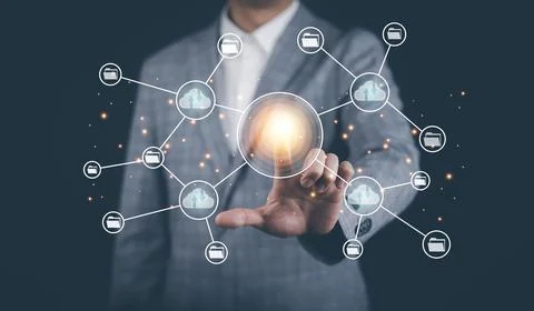 Man touching connect to data information on the Cloud Computing Technology In Stock Photos