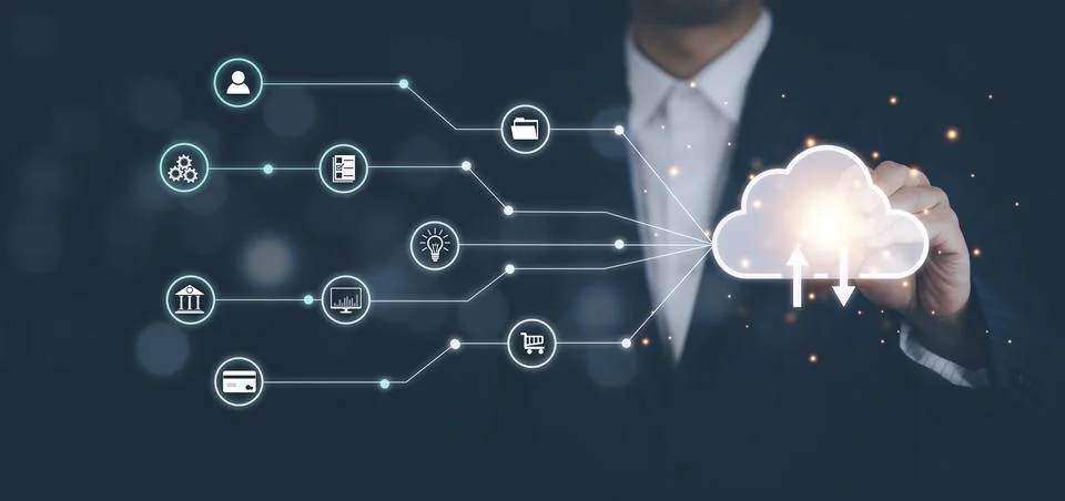 Man touching connect to data information on the Cloud Computing Technology In Stock Photos