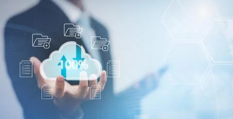 Man touching connect to data information on the Cloud Computing Technology In 스톡 사진