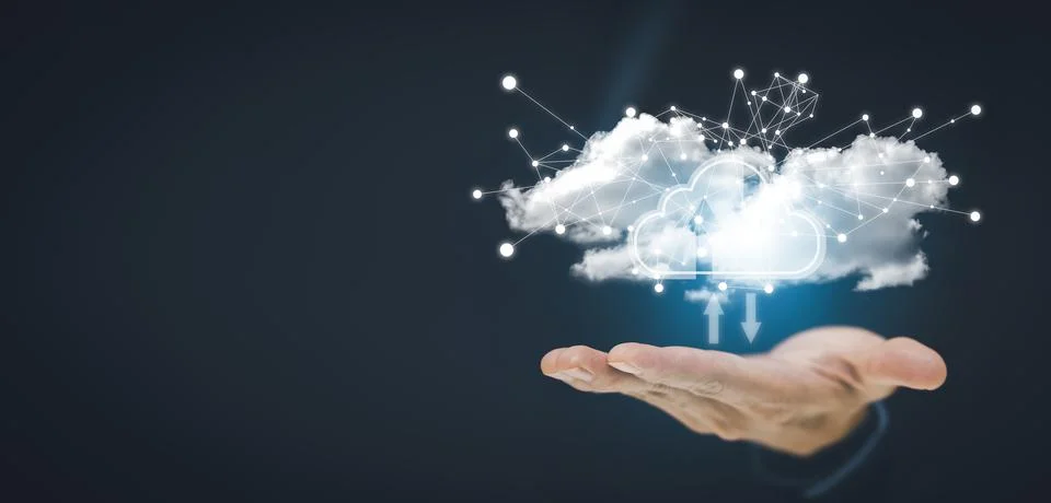Man touching connect to data information on the Cloud Computing Technology In 스톡 사진