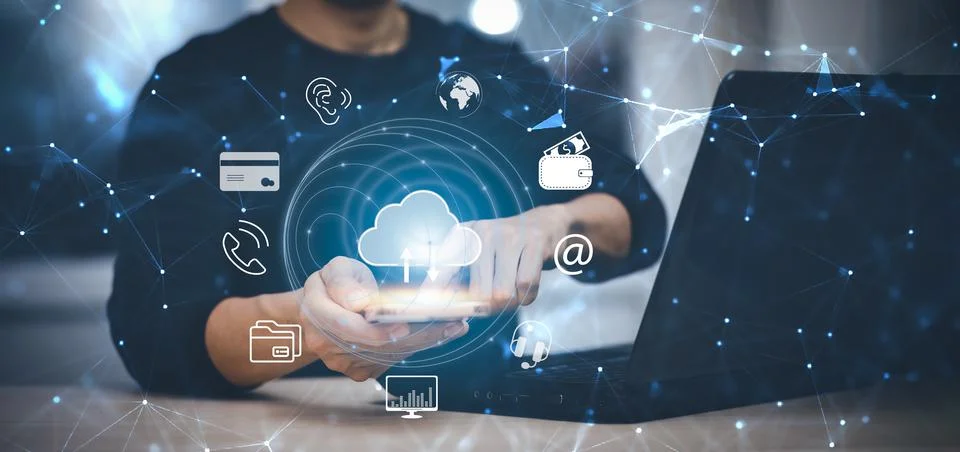 Man touching connect to data information on the Cloud Computing Technology In Stock Photos