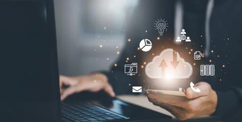 Man touching connect to data information on the Cloud Computing Technology In Stock Photos