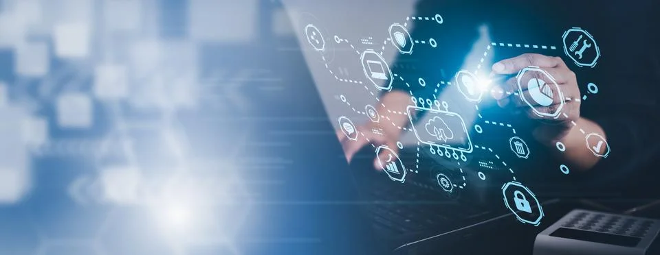 Man touching connect to data information on the Cloud Computing Technology In Foto stock