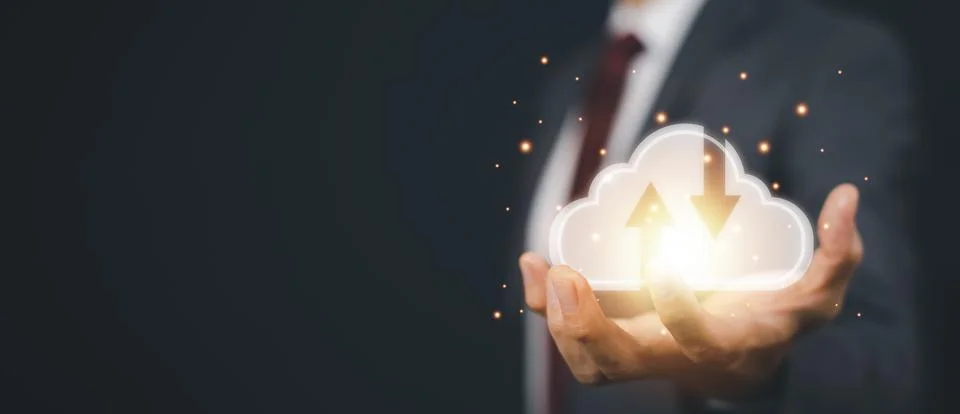Man touching connect to data information on the Cloud Computing Technology In Stock Photos