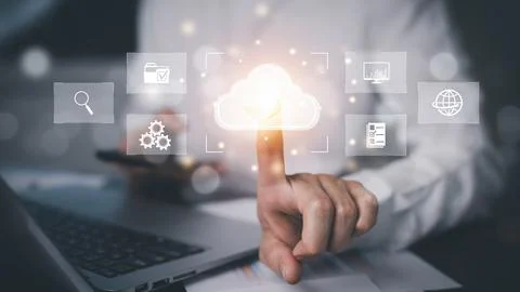 Man touching connect to data information on the Cloud Computing Technology In Stock Photos