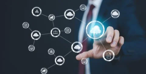 Man touching connect to data information on the Cloud Computing Technology In Foto stock