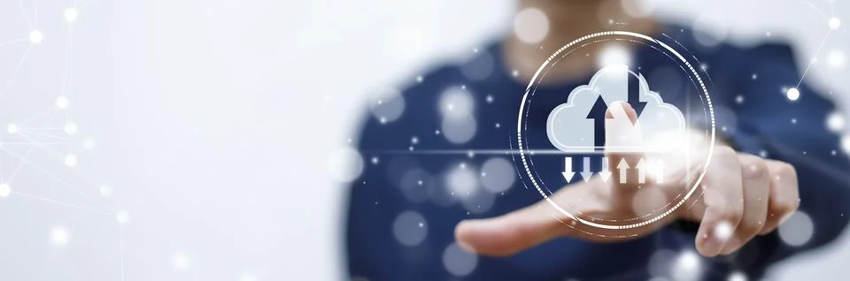 Man touching connect to data information on the Cloud Computing Technology In Stock Photos