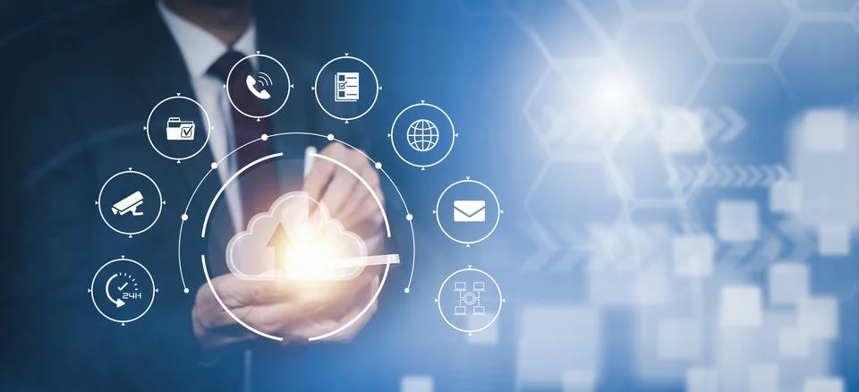 Man touching connect to data information on the Cloud Computing Technology In Foto stock