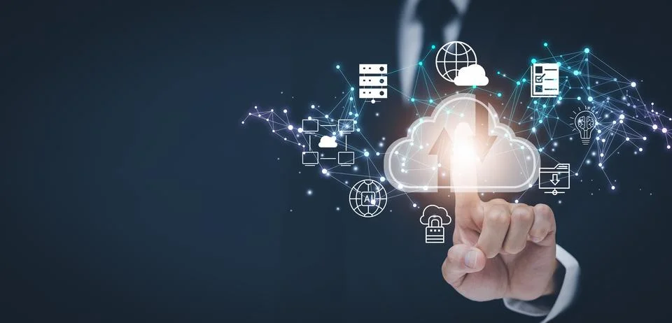 Man touching connect to data information on the Cloud Computing Technology In Stock Photos