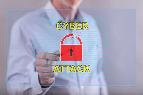 Man touching a cyber attack concept on a touch screen Stock Photos