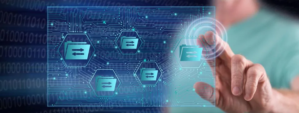 Man touching a data exchange concept 写真素材