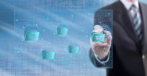 Man touching a data exchange concept Stock Photos
