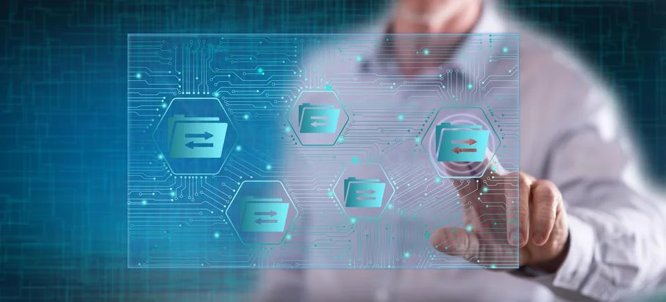 Man touching a data exchange concept Stock Photos