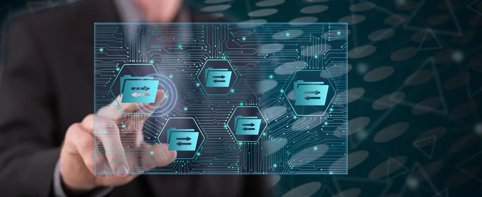 Man touching a data exchange concept 写真素材